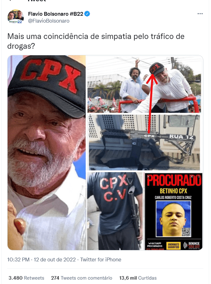 Flávio Bolsonaro questiona boné usado por Lula: “Coincidência de simpatia pelo tráfico de drogas?”