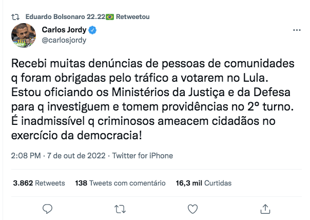 Jordy: ‘Recebi denúncias de pessoas obrigadas pelo tráfico a votarem no Lula’