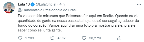 Lula diz que Bolsonaro fez um “comício mixuruca” em Recife