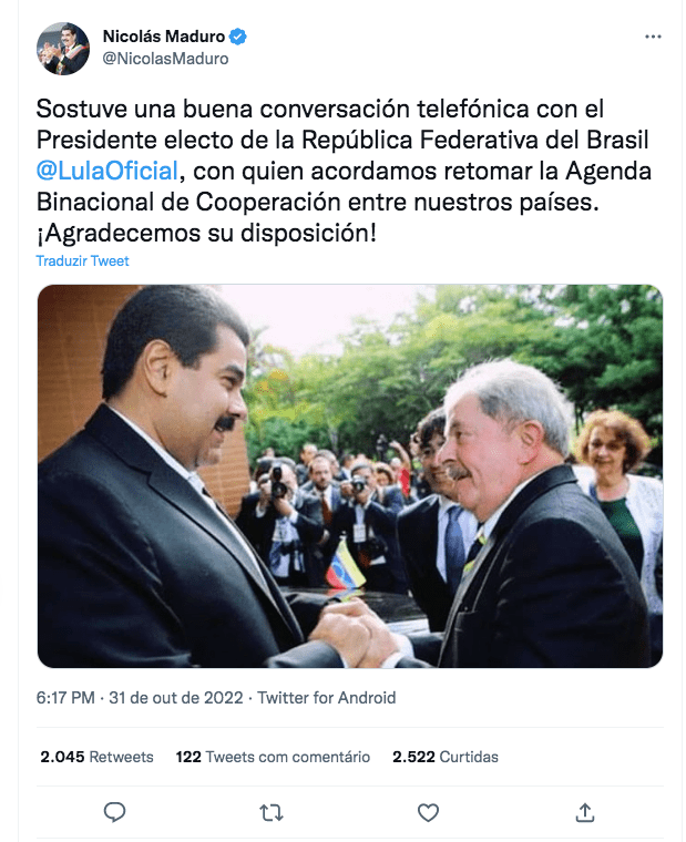 Maduro e Lula concordam em retomar cooperação entre Venezuela e Brasil