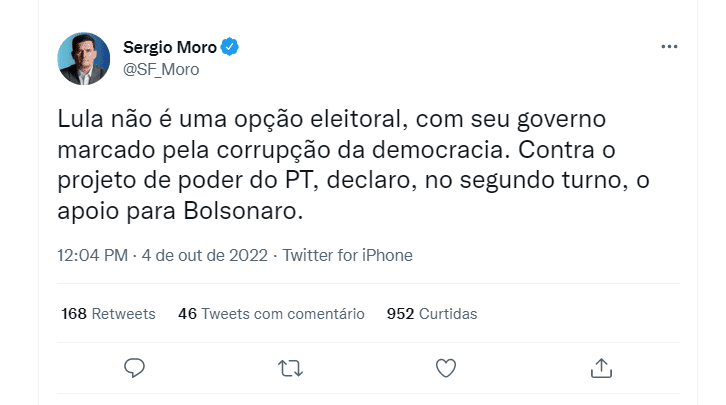Moro declara apoio a Bolsonaro: “Lula não é opção eleitoral”