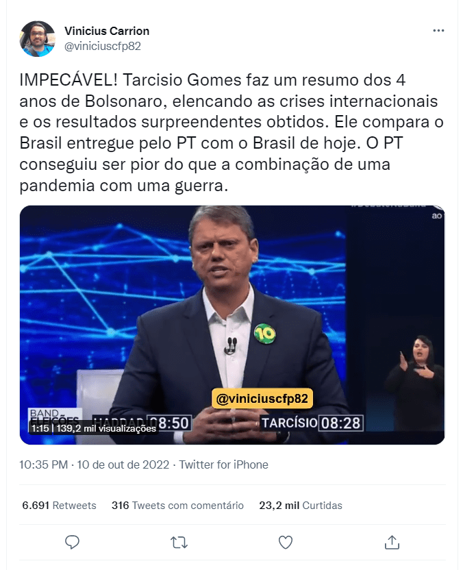Tarcísio aponta diferença entre governo Bolsonaro e PT