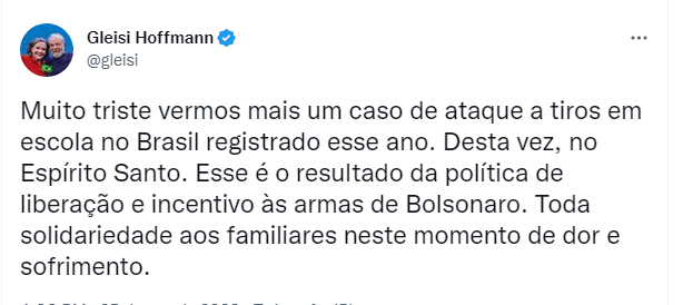 Gleisi associa ataque em escolas do ES a governo de Bolsonaro