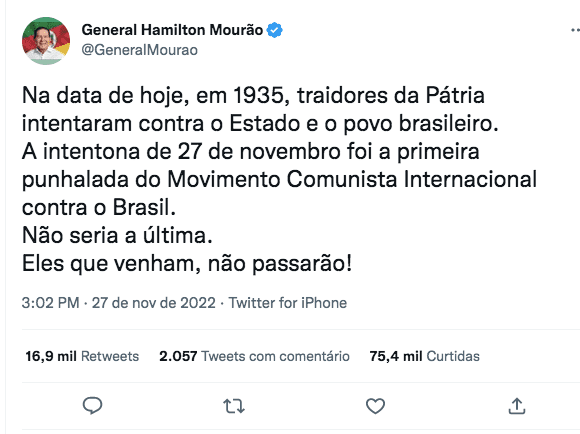 Mourão cita história e deixa recado para comunistas: “Não passarão”