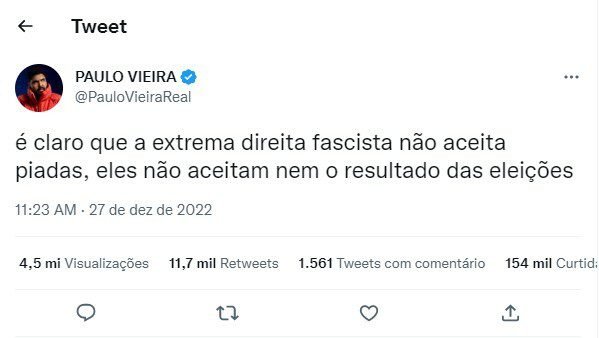 Apoiador de Bolsonaro é atacado pelo ator Paulo Vieira no Twitter