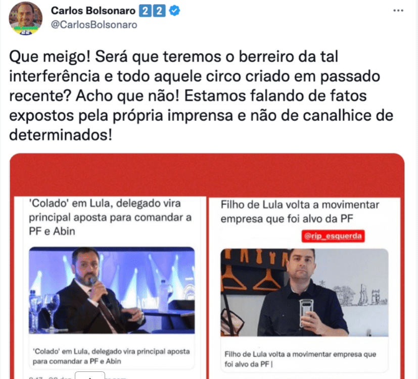 Carlos Bolsonaro e filho de Lula trocam farpas nas redes sociais
