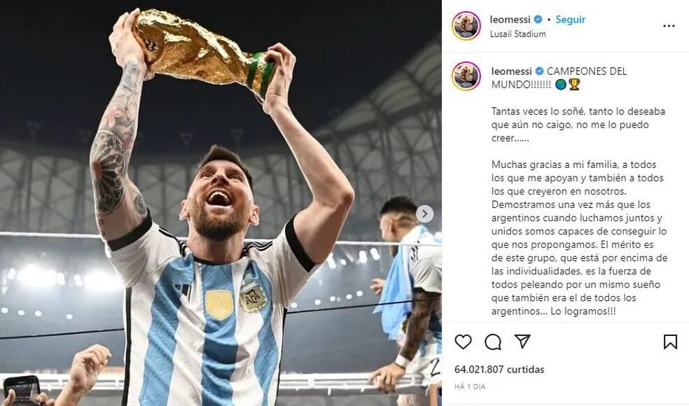 Foto de Messi com a taça é a mais curtida da história do Instagram