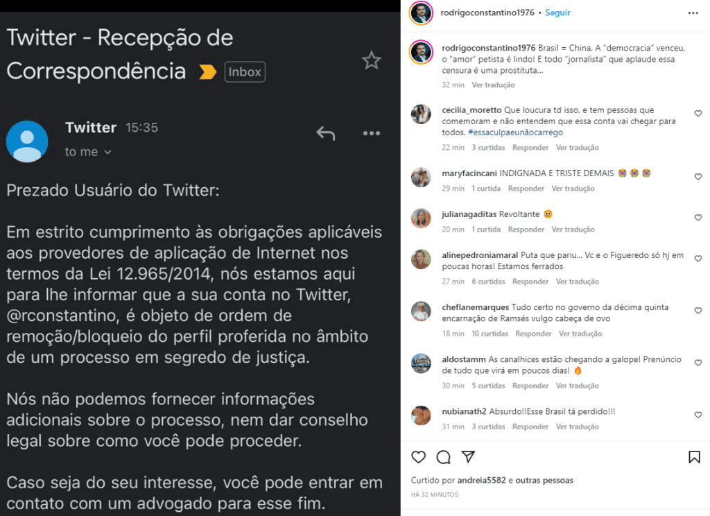 Justiça bloqueia Twitter de Rodrigo Constantino: “Censura”