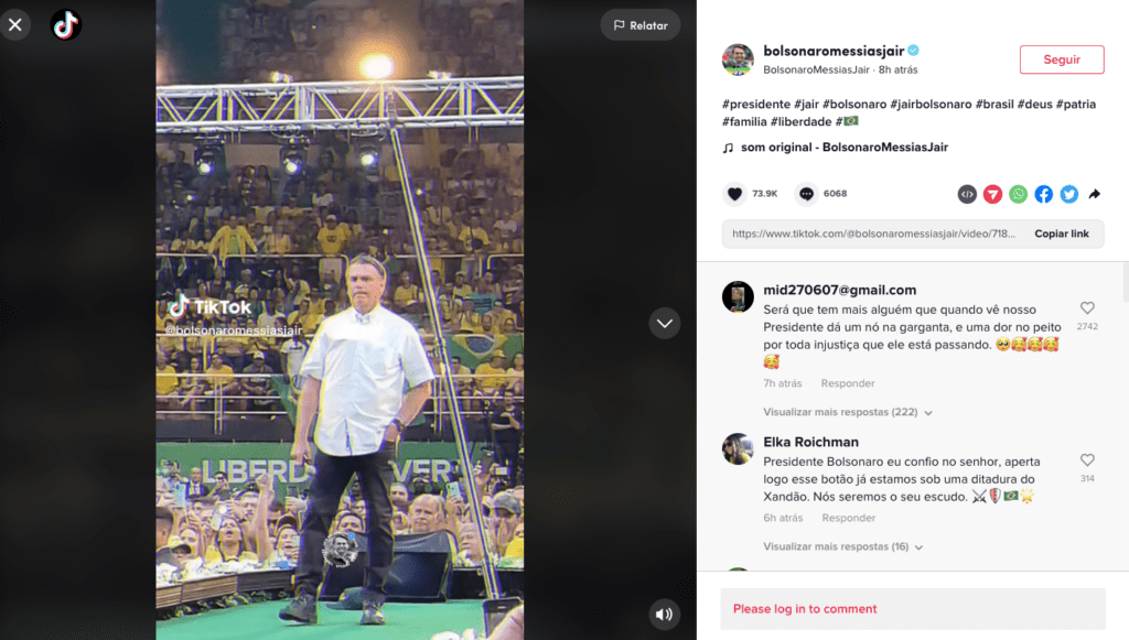 Presidente Jair Bolsonaro posta vídeo emocionante no TikTok