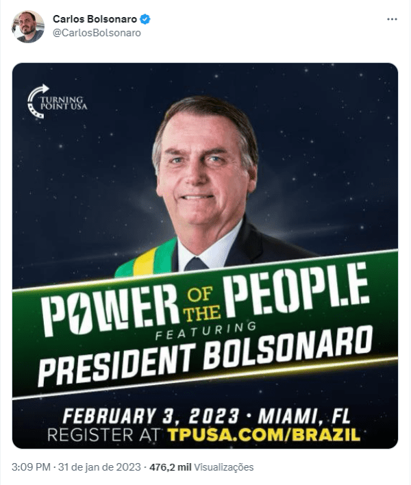 Carlos divulga no Twitter evento com Bolsonaro em Miami