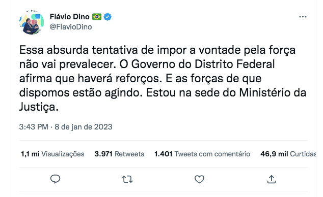 Dino afirma que Forças estão agindo contra atos em Brasília