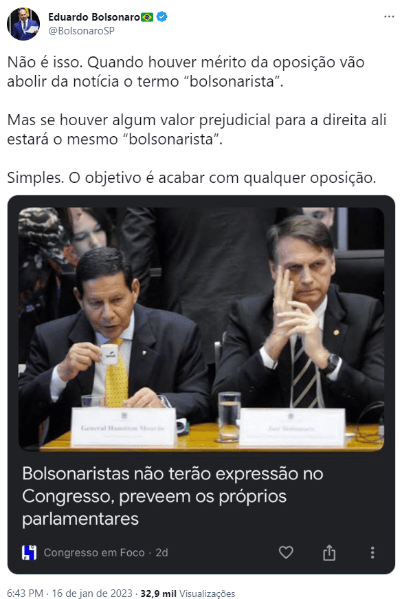 Eduardo Bolsonaro critica uso do termo “bolsonarista” na mídia