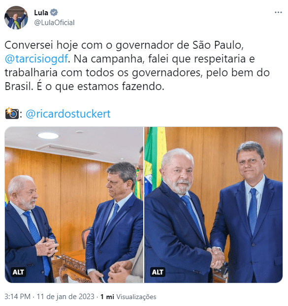 Lula tem reunião com Tarcísio de Freitas em Brasília
