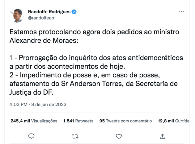 Randolfe protocola pedido para afastamento de Anderson Torres