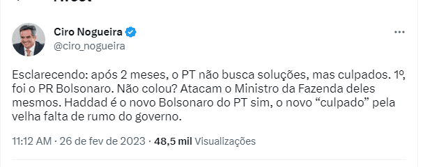 Ciro Nogueira diz que Haddad é o “novo Bolsonaro do PT”