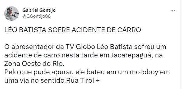 Léo Batista sofre acidente de carro no Rio de Janeiro