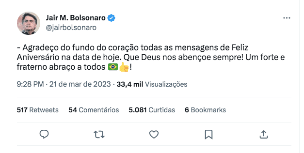 Bolsonaro agradece mensagens: “Forte e fraterno abraço a todos”