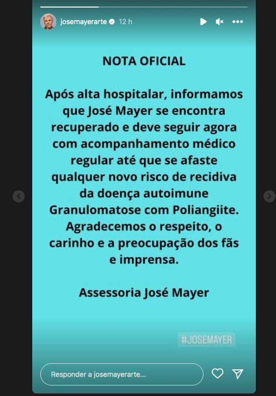 José Mayer recebe alta e seguirá com acompanhamento médico
