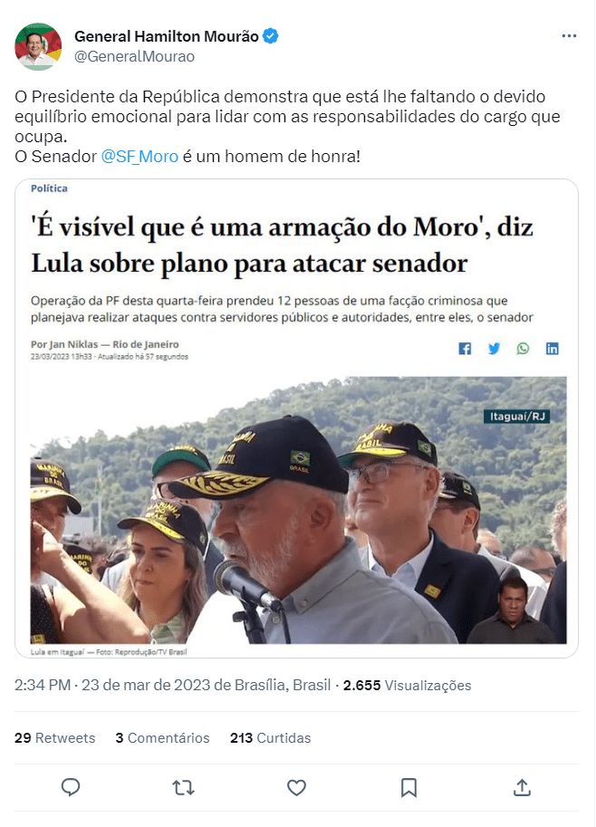 Mourão critica Lula e diz que Moro é um homem de honra