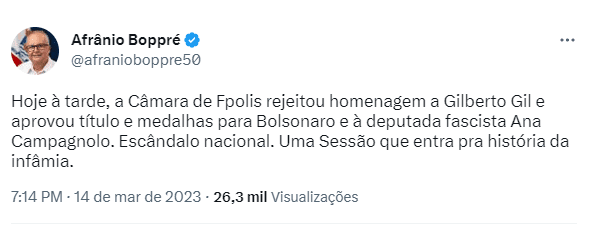 Vereadores de Florianópolis negam honraria a Gilberto Gil