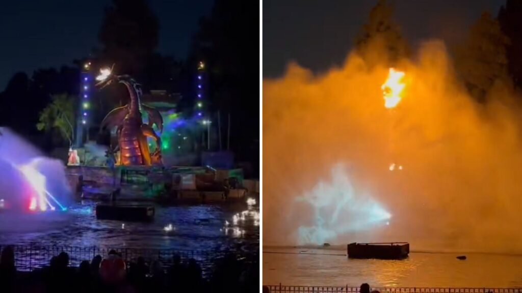 Dragão cenográfico pega fogo em show de parque da Disney