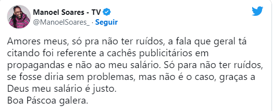Manoel Soares afirma que seu salário na Globo é “justo”