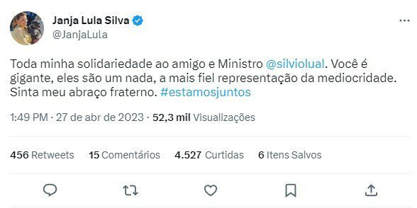 Janja se manifesta a favor de ministro de Lula