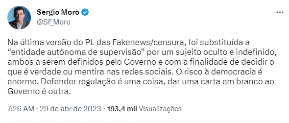 Moro sobre PL das Fake News: risco enorme à democracia