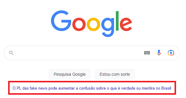 Google Brasil traz alerta ao PL da Censura em sua página