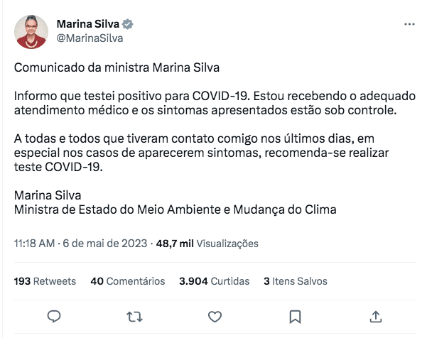 Marina Silva testa positivo para Covid e é internada em SP